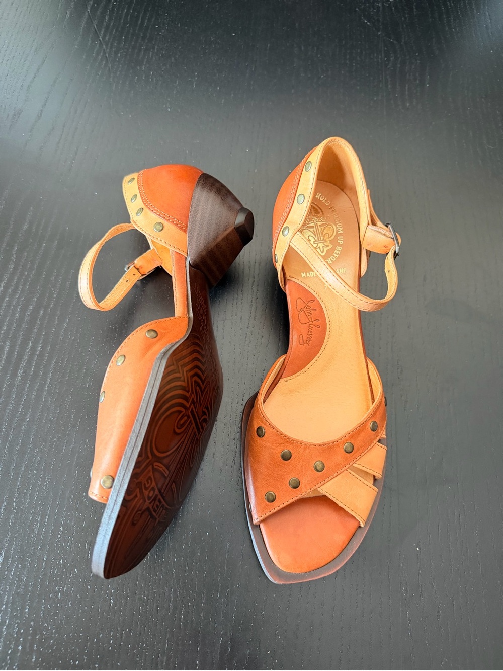 John Fluevog Orange Leather Ankle-Strap Sandals with Stud Accents